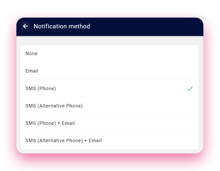 Select from the available default notification methods on the customer in Squeegee